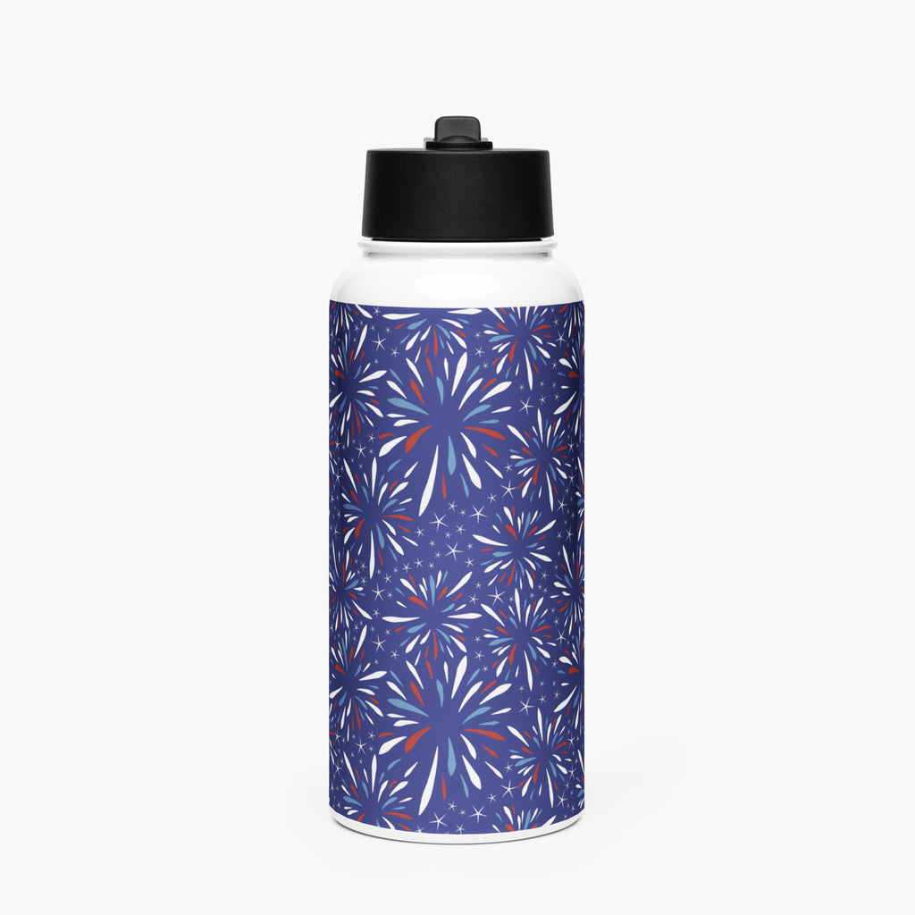 Water bottle with blue fireworks pattern on a white background