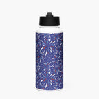 Water bottle with blue fireworks pattern on a white background