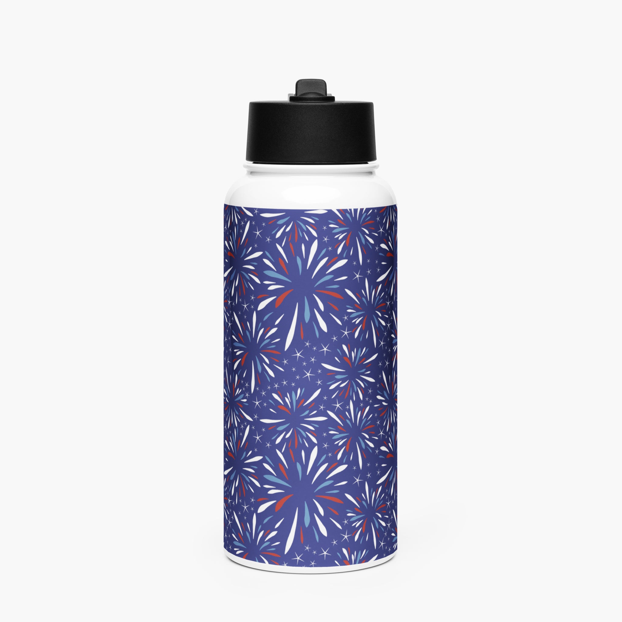 Water bottle with blue fireworks pattern on a white background