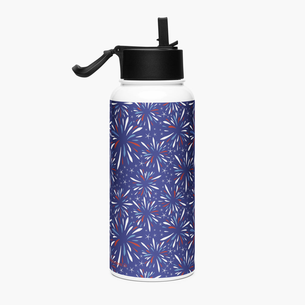 Water bottle with blue fireworks pattern and black lid on a white background