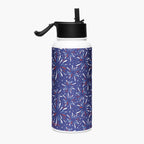 Water bottle with blue fireworks pattern and black lid on a white background