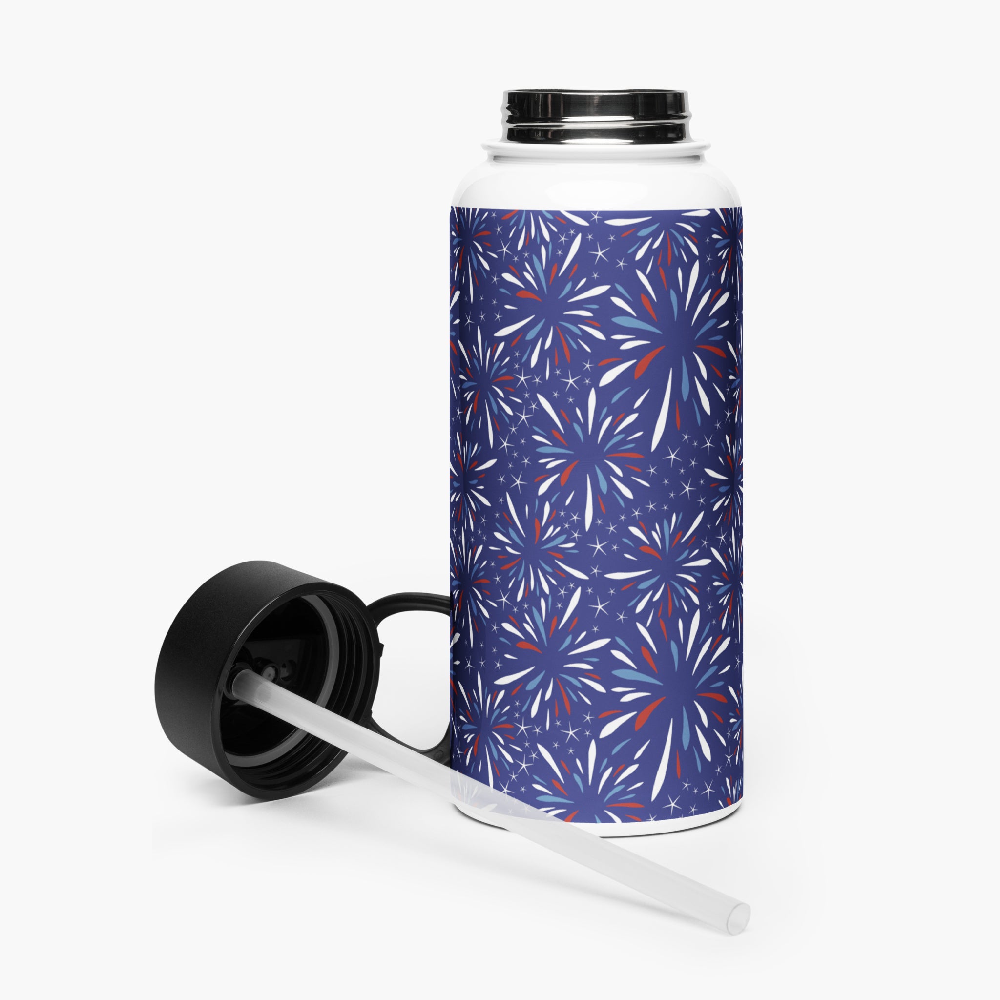 Water bottle with lid off and with a fireworks pattern printed over blue on a white background