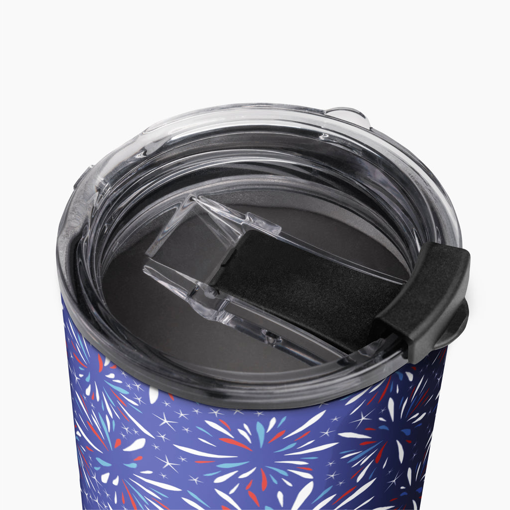 Tumbler with a blue fireworks-themed pattern on a white background