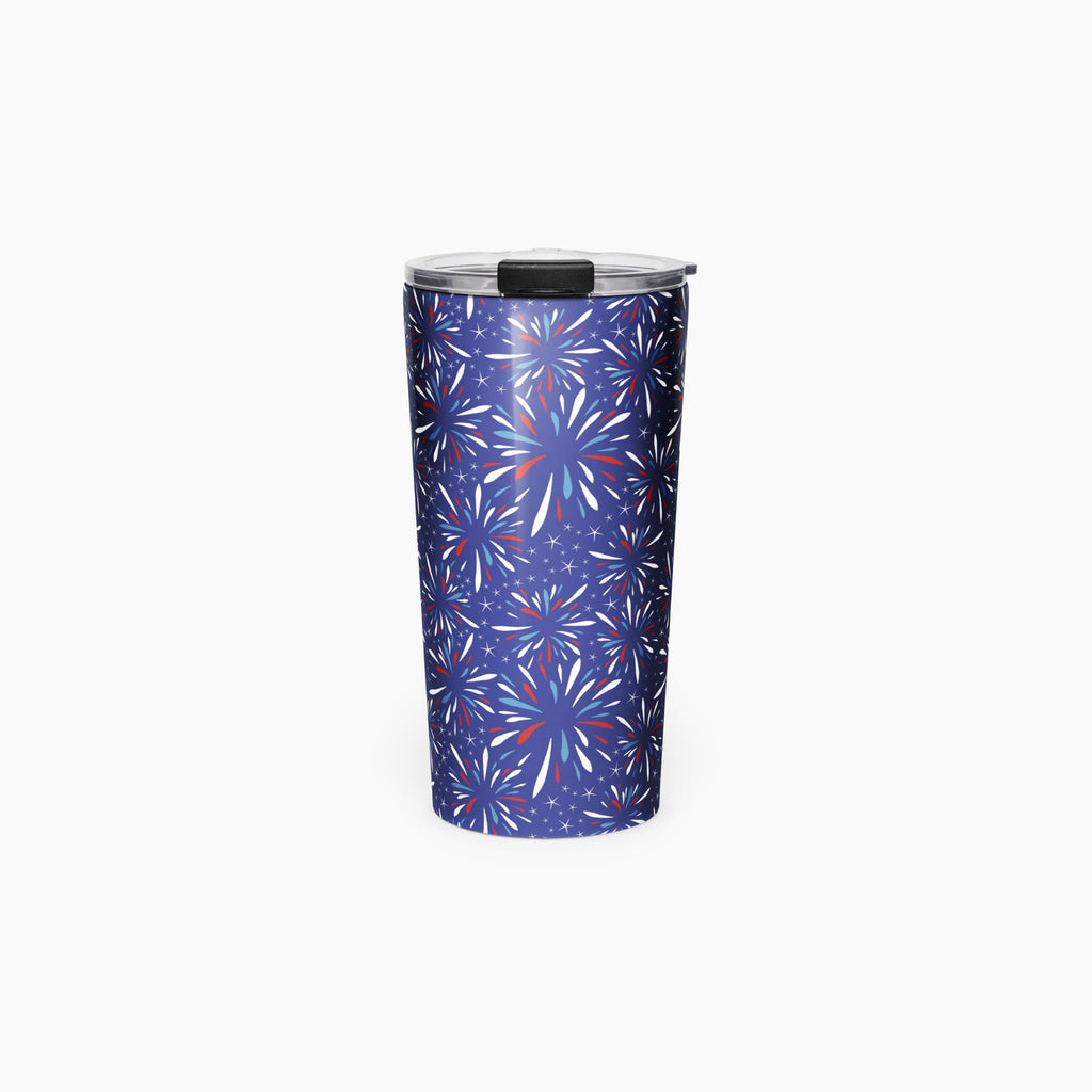 Tumbler with a blue fireworks-themed pattern on a white background