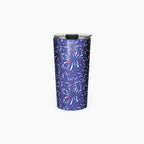 Tumbler with a blue fireworks-themed pattern on a white background