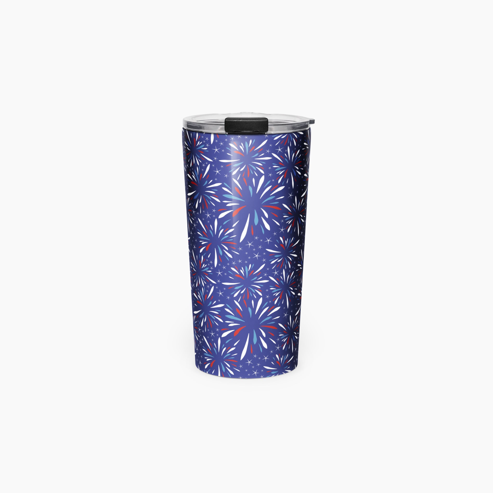 Tumbler with a blue fireworks-themed pattern on a white background