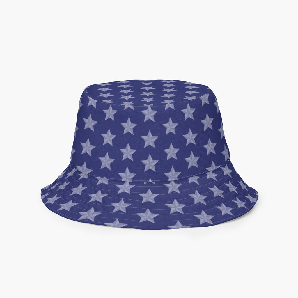 Blue bucket hat with white star pattern on a white background