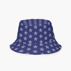 Blue bucket hat with white star pattern on a white background