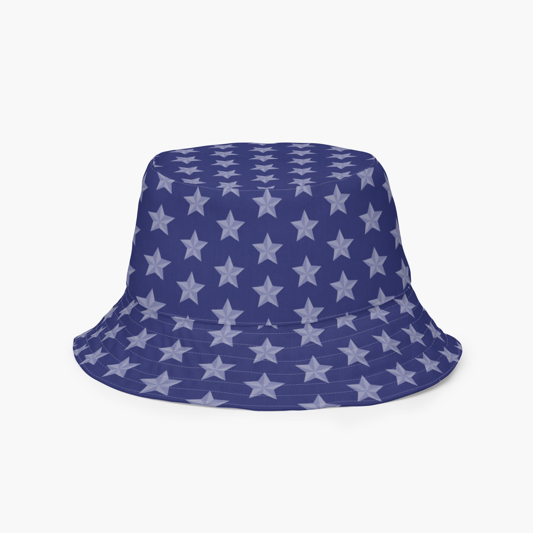 Blue bucket hat with white star pattern on a white background