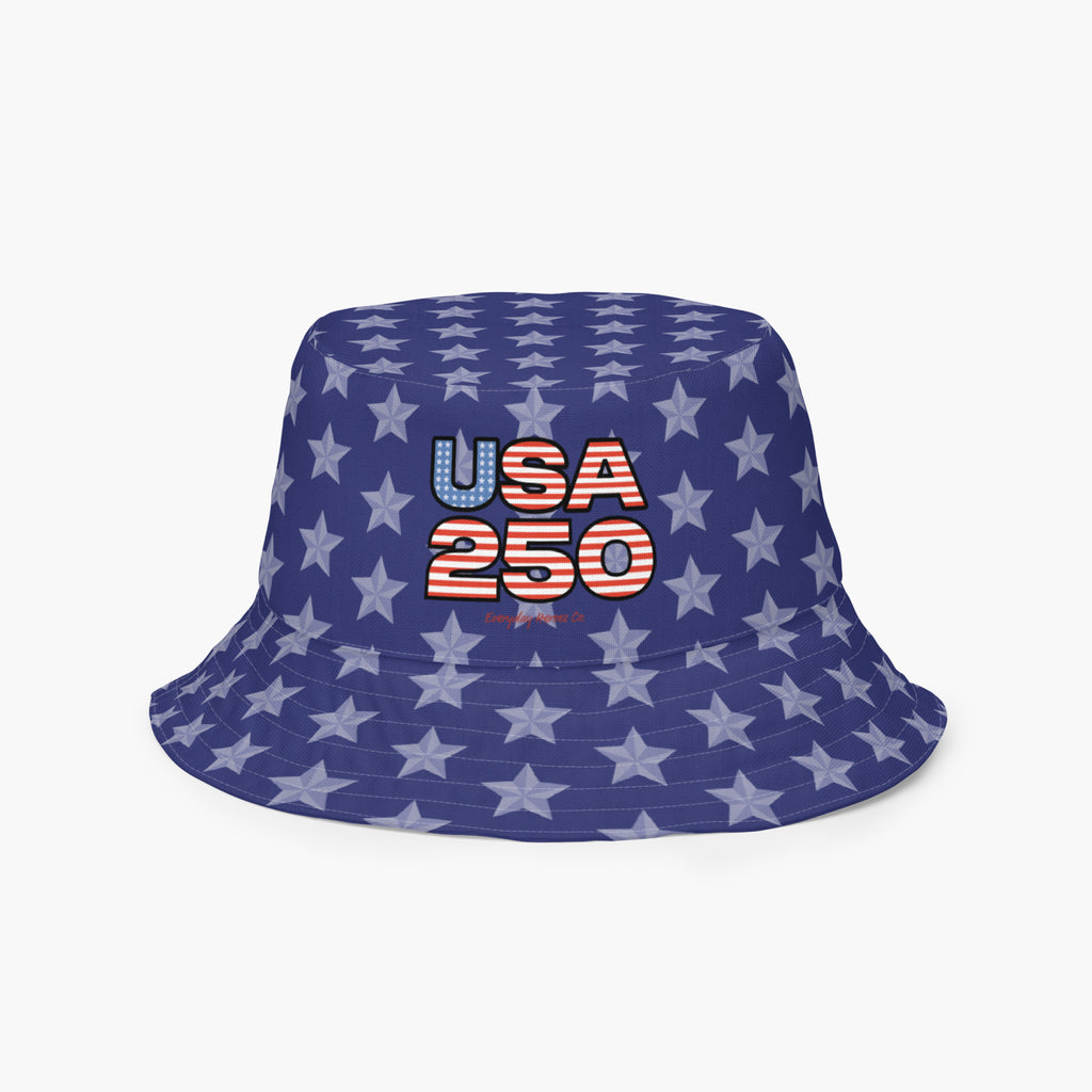 Reversible Bucket hat inside with USA 250 design on a blue background with white stars 