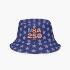 Reversible Bucket hat inside with USA 250 design on a blue background with white stars 