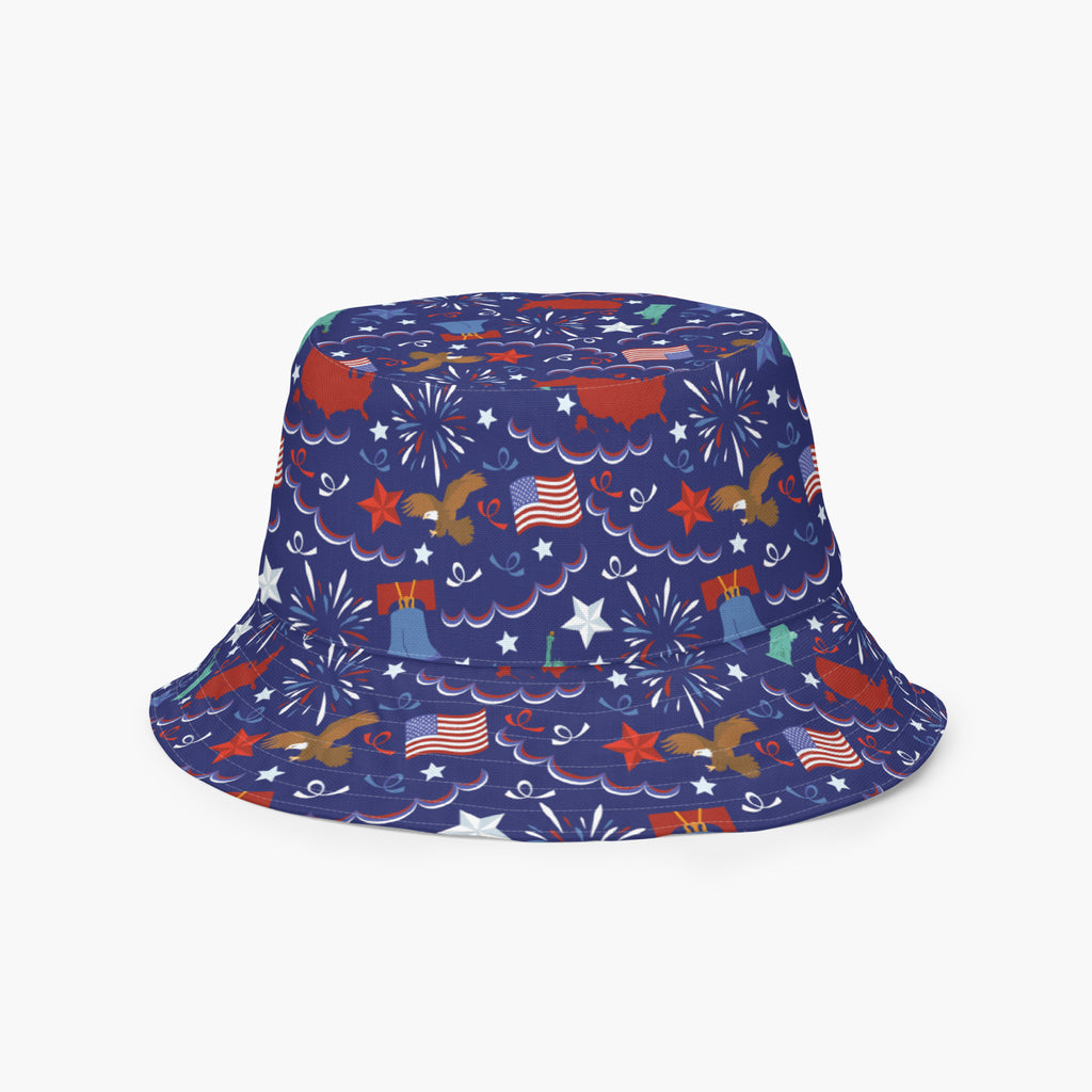 Reversible bucket hat with custom printed patriotic design on a white background