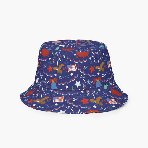 Reversible bucket hat with custom printed patriotic design on a white background