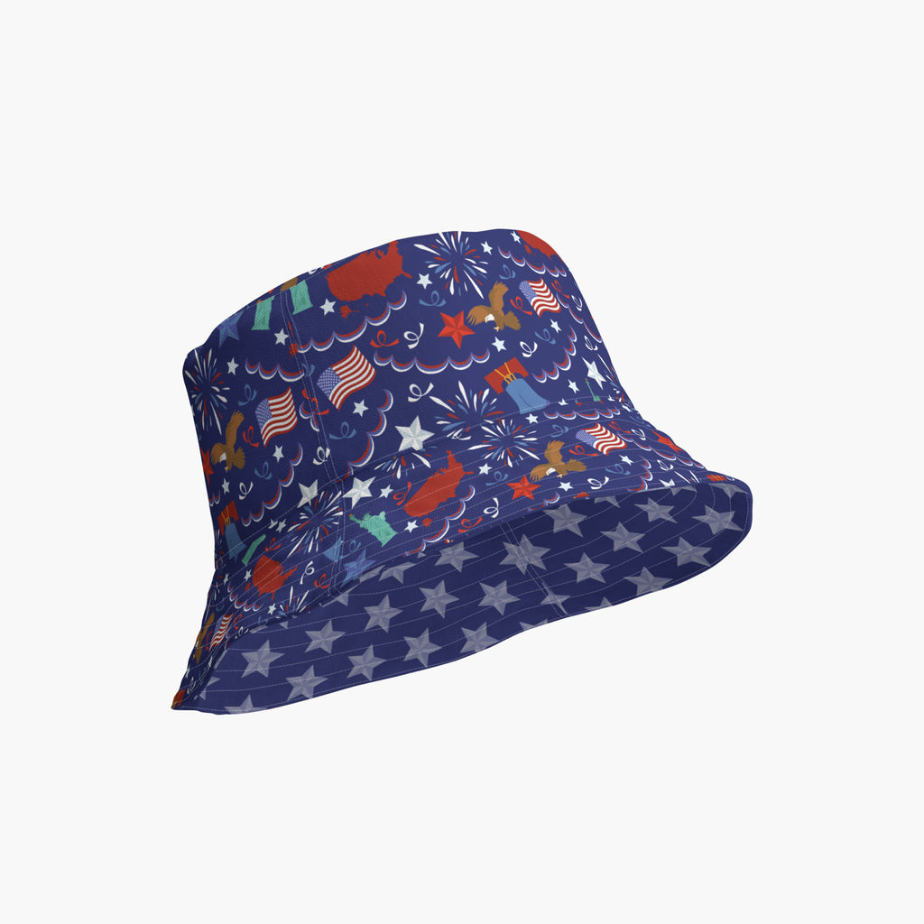 Reversible bucket hat with custom printed patriotic design on a white background