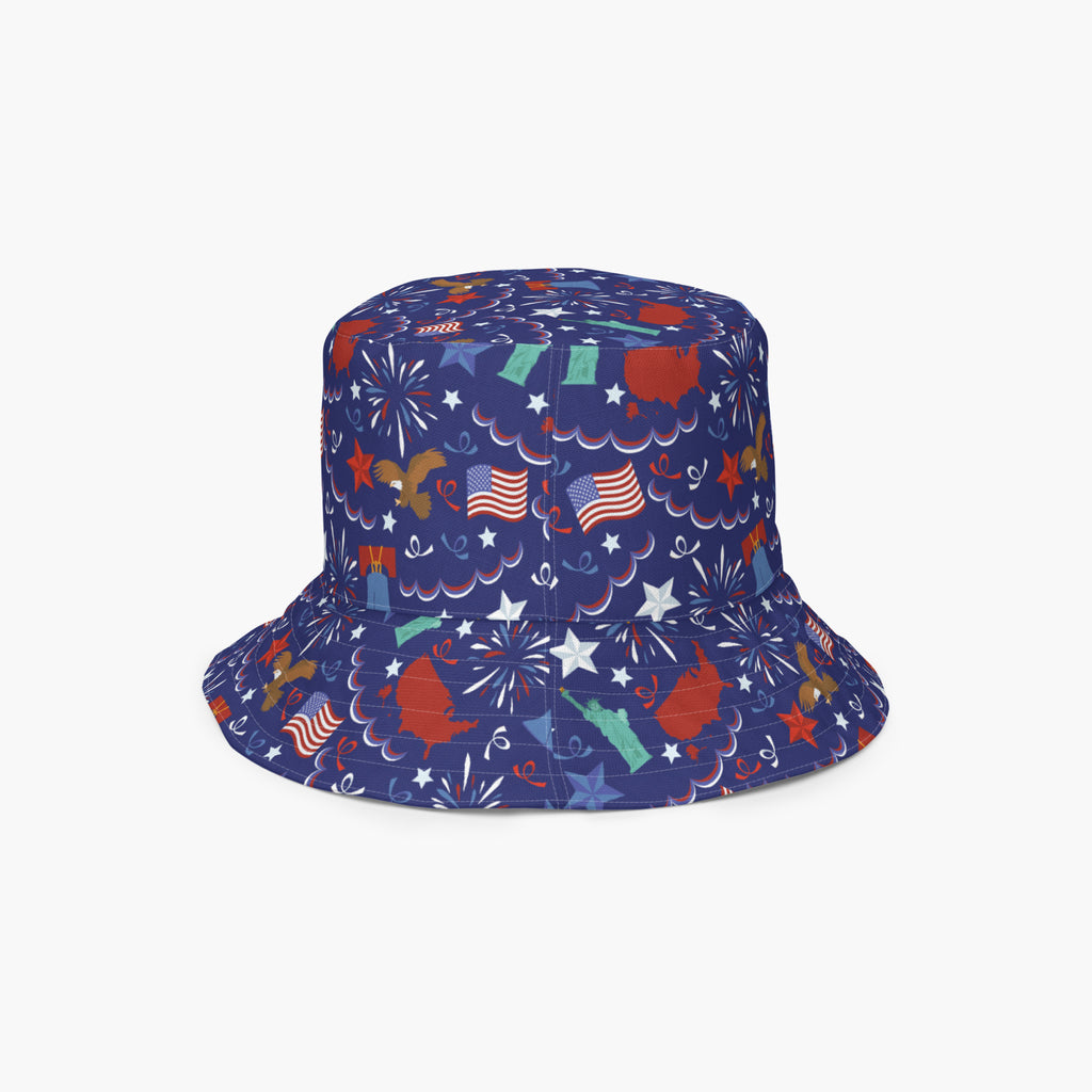 Reversible bucket hat with custom printed patriotic design on a white background