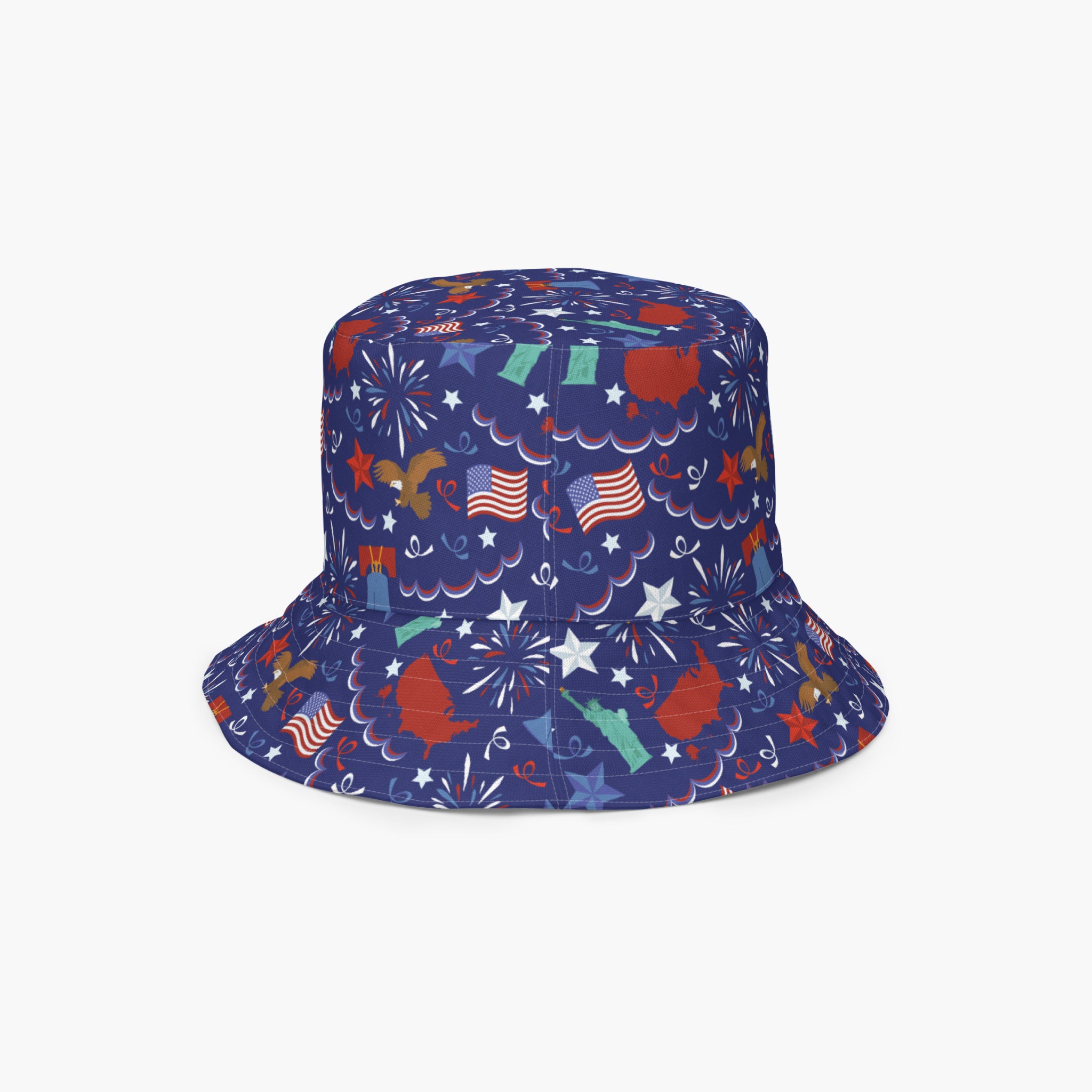 Reversible bucket hat with custom printed patriotic design on a white background