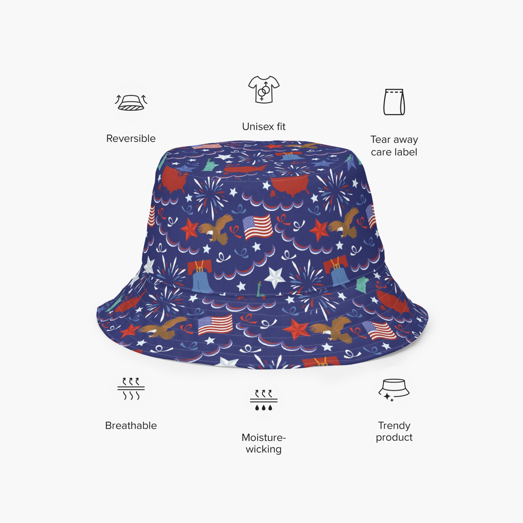 Reversible bucket hat with custom printed patriotic design on a white background