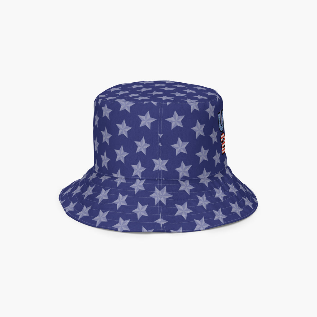 Blue bucket hat with star pattern on a white background