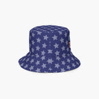 Blue bucket hat with star pattern on a white background