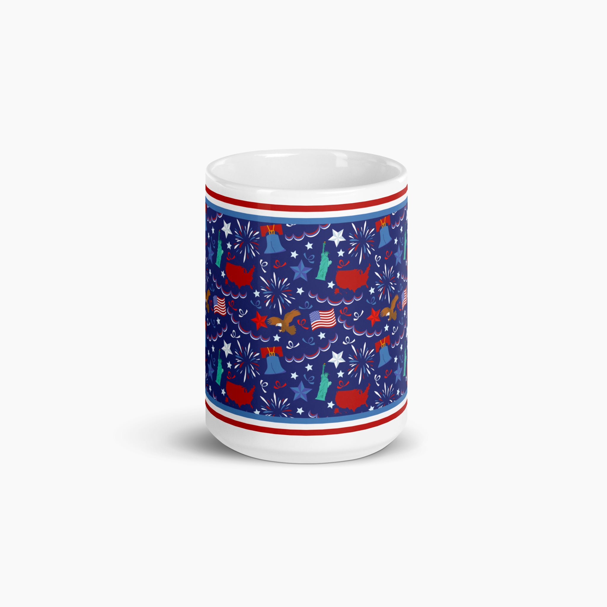 White mug with blue and patriotic symbols design on a white background