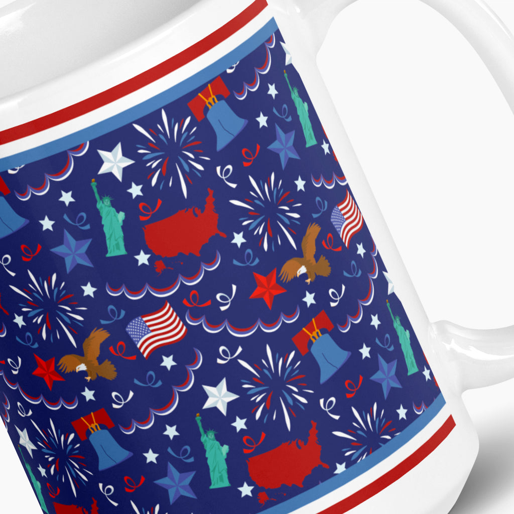 White mug with blue and patriotic symbols design on a white background
