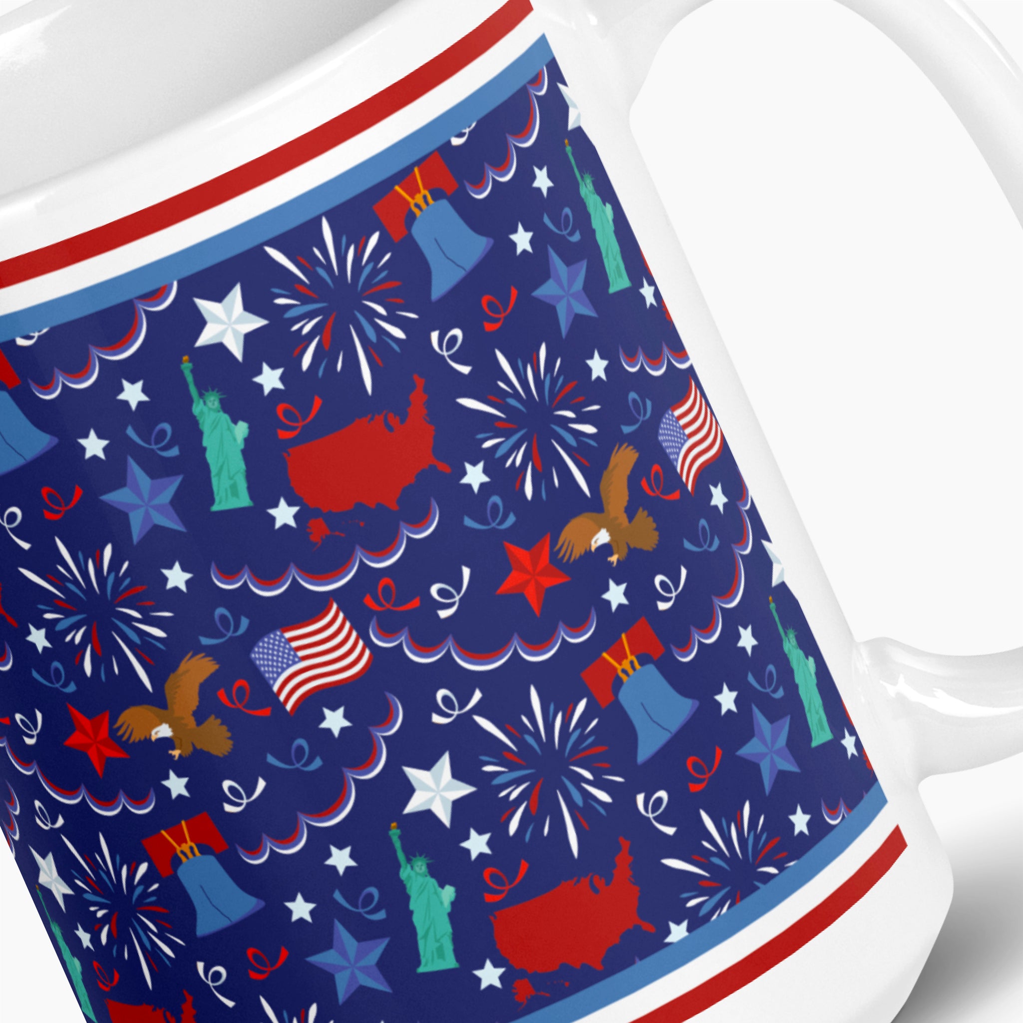 White mug with blue and patriotic symbols design on a white background