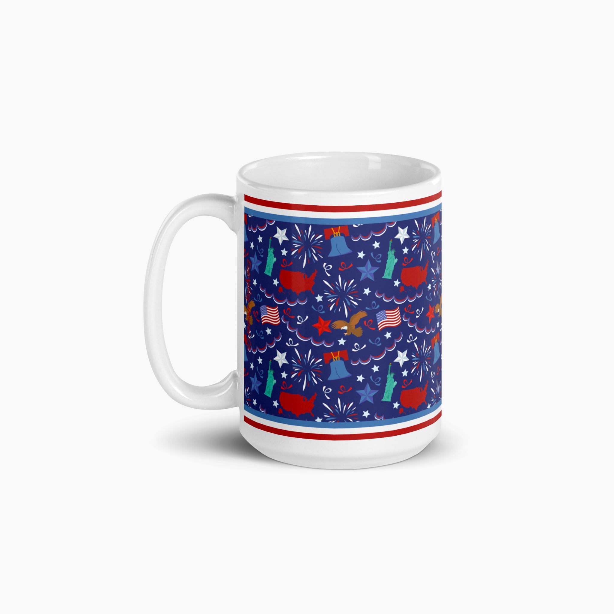 White mug with blue and patriotic symbols design on a white background