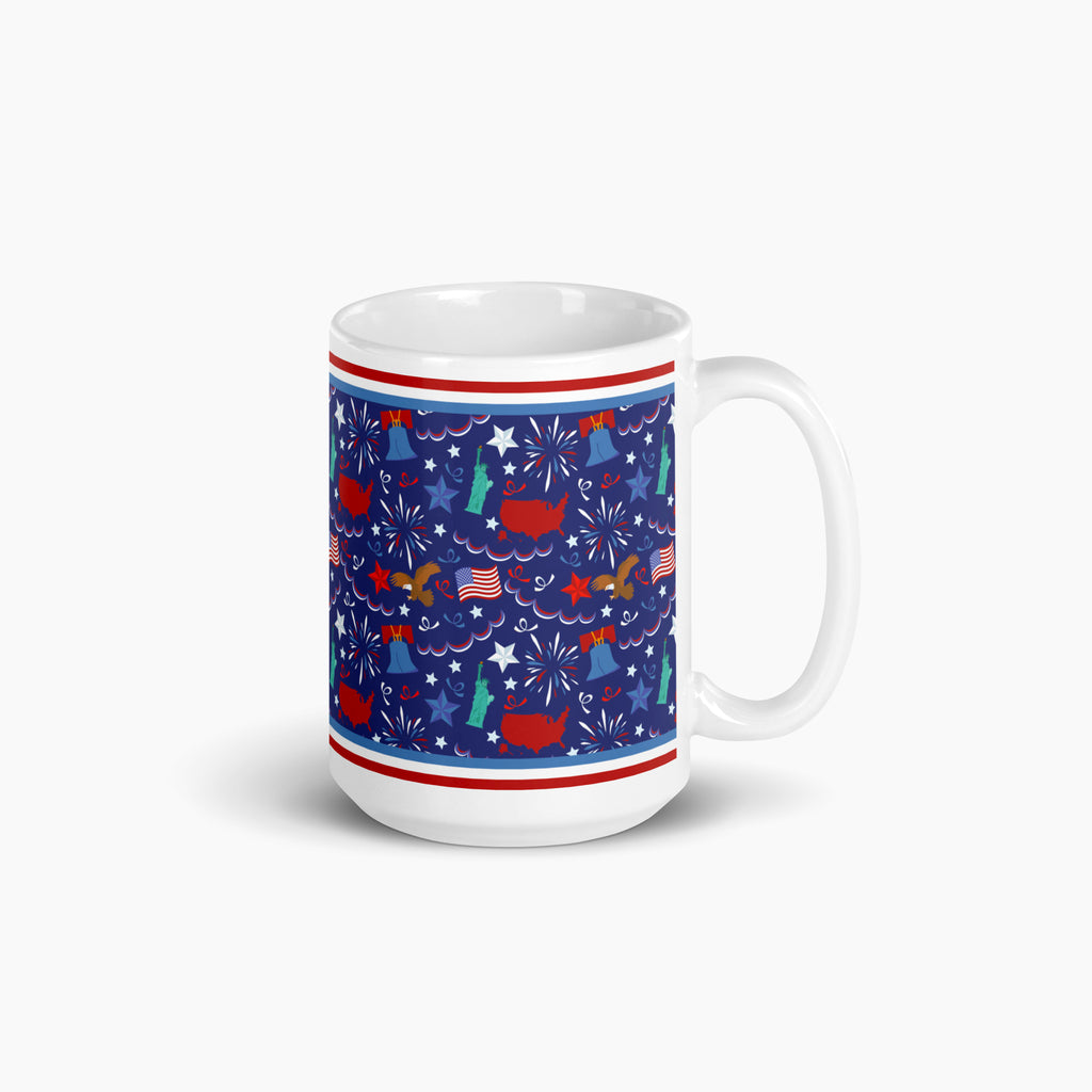 White mug with blue and patriotic symbols design on a white background