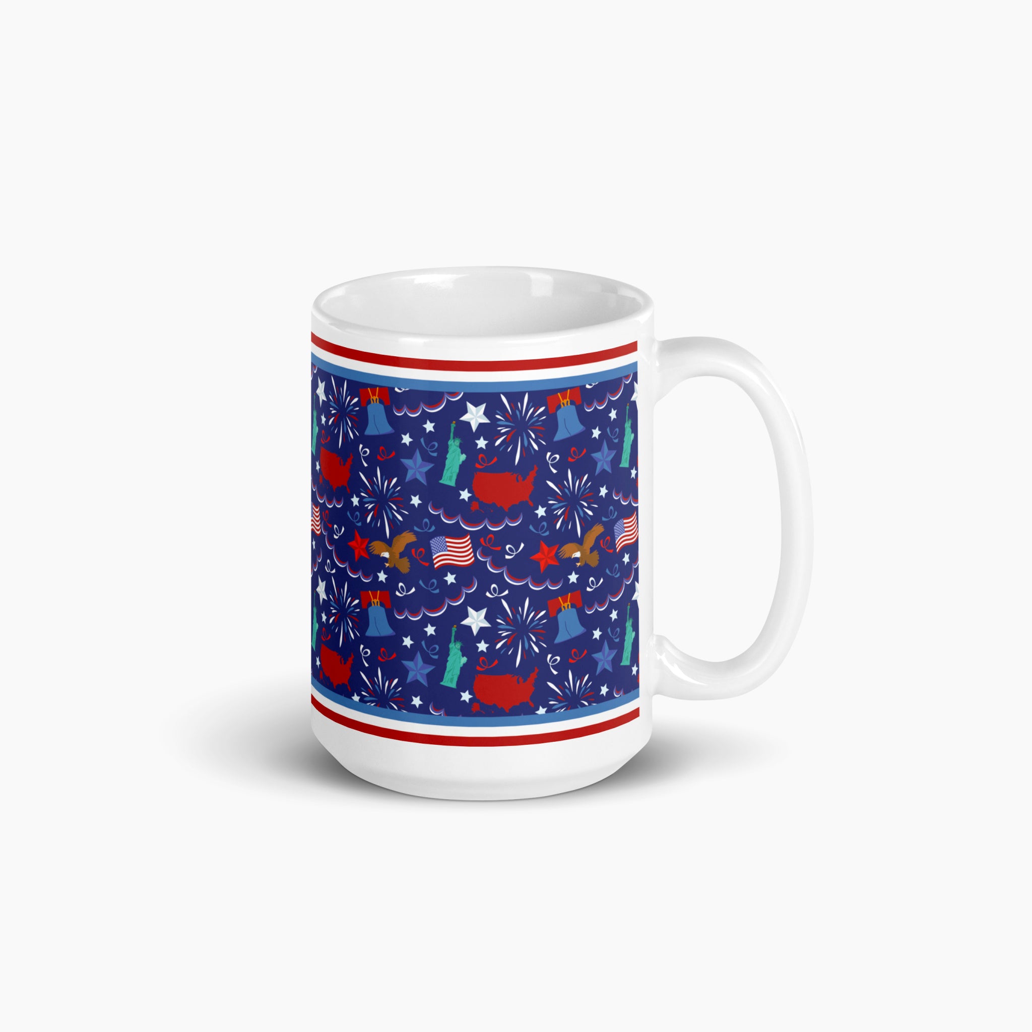 White mug with blue and patriotic symbols design on a white background