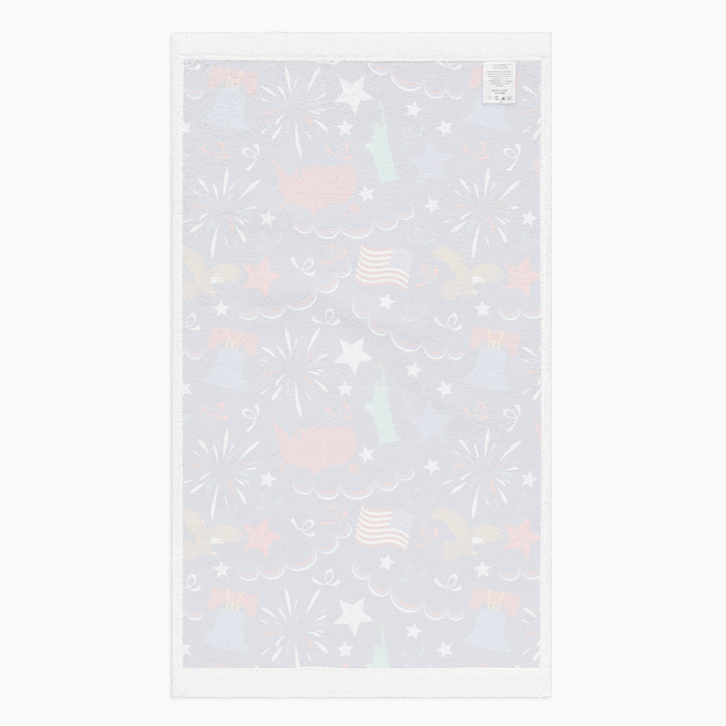White back of Cloth kitchen hand towel with patriotic symbol-themed pattern on a white background