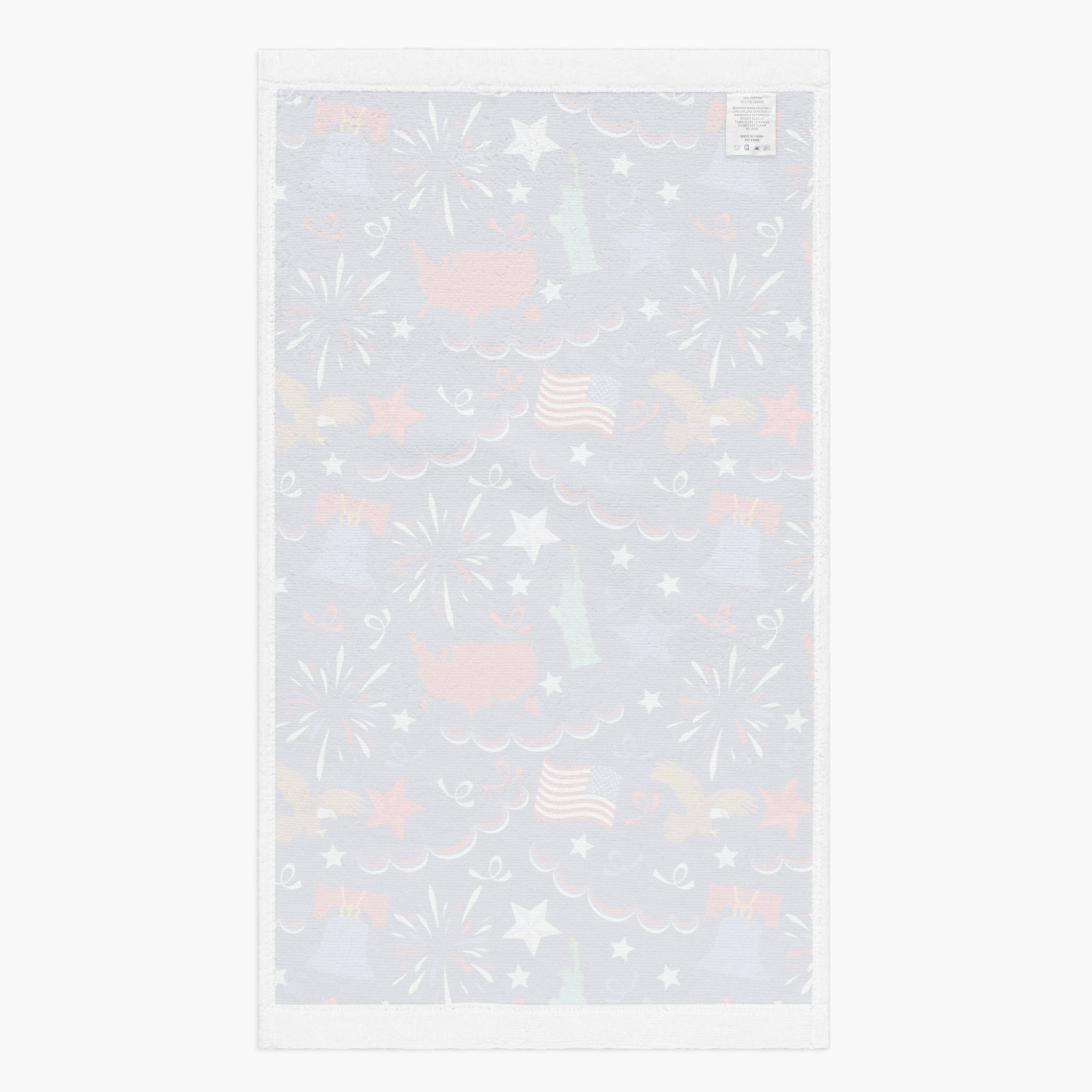 White back of Cloth kitchen hand towel with patriotic symbol-themed pattern on a white background