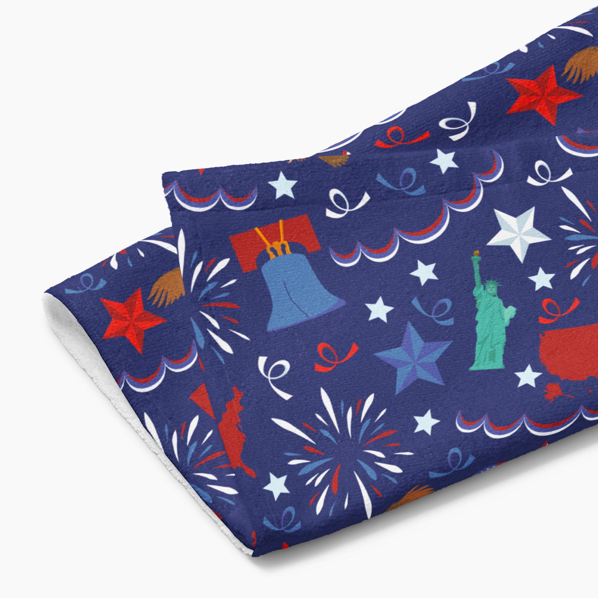Cloth kitchen hand towel with patriotic symbol-themed pattern on a white background
