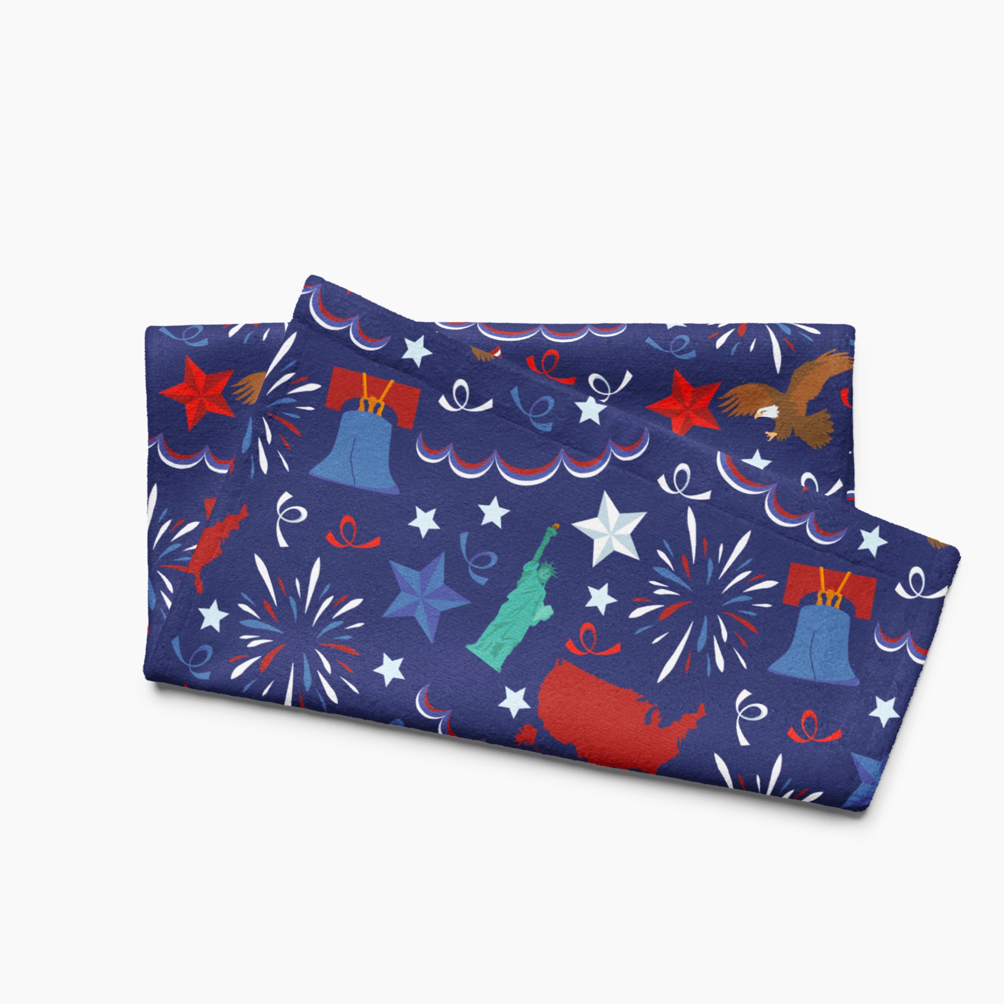 Cloth kitchen hand towel with patriotic symbol-themed pattern on a white background