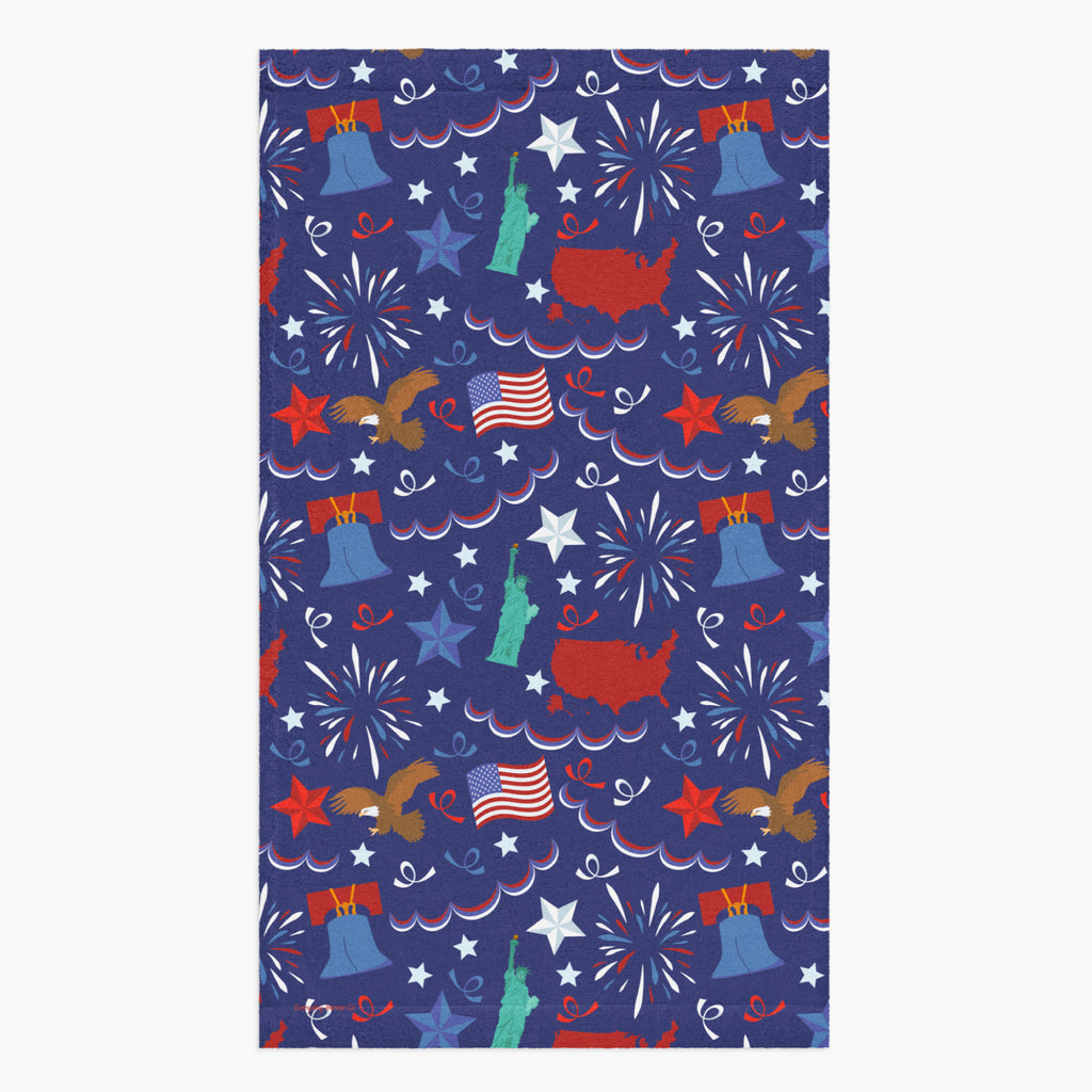 Cloth kitchen hand towel with patriotic symbol-themed pattern on a white background