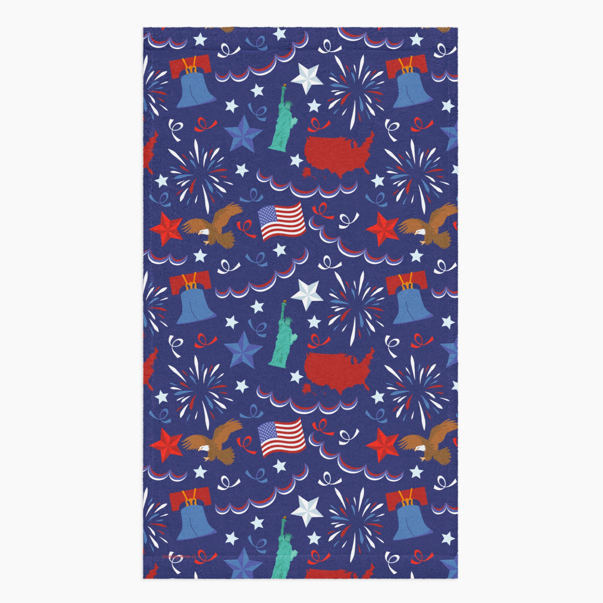Cloth kitchen hand towel with patriotic symbol-themed pattern on a white background