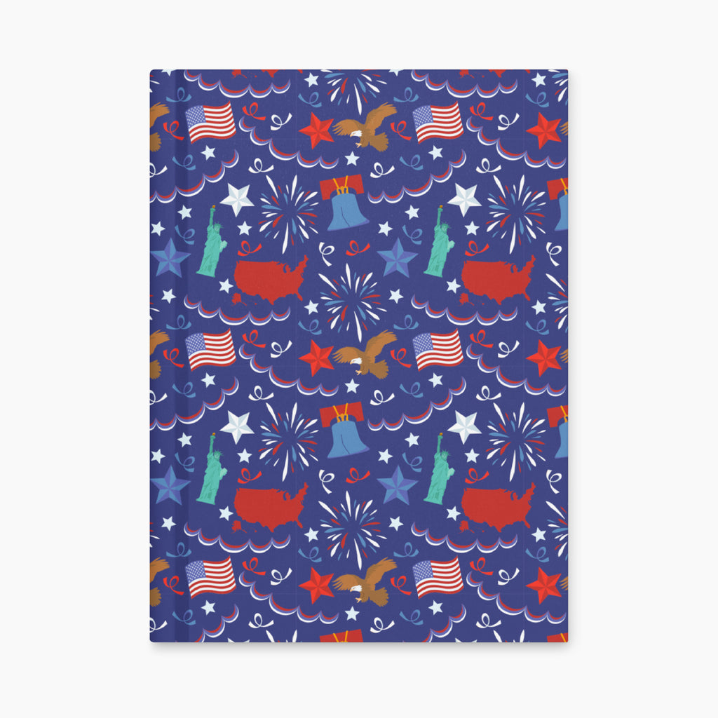 Hardcover journal with patriotic symbol patterned front cover design on a white background