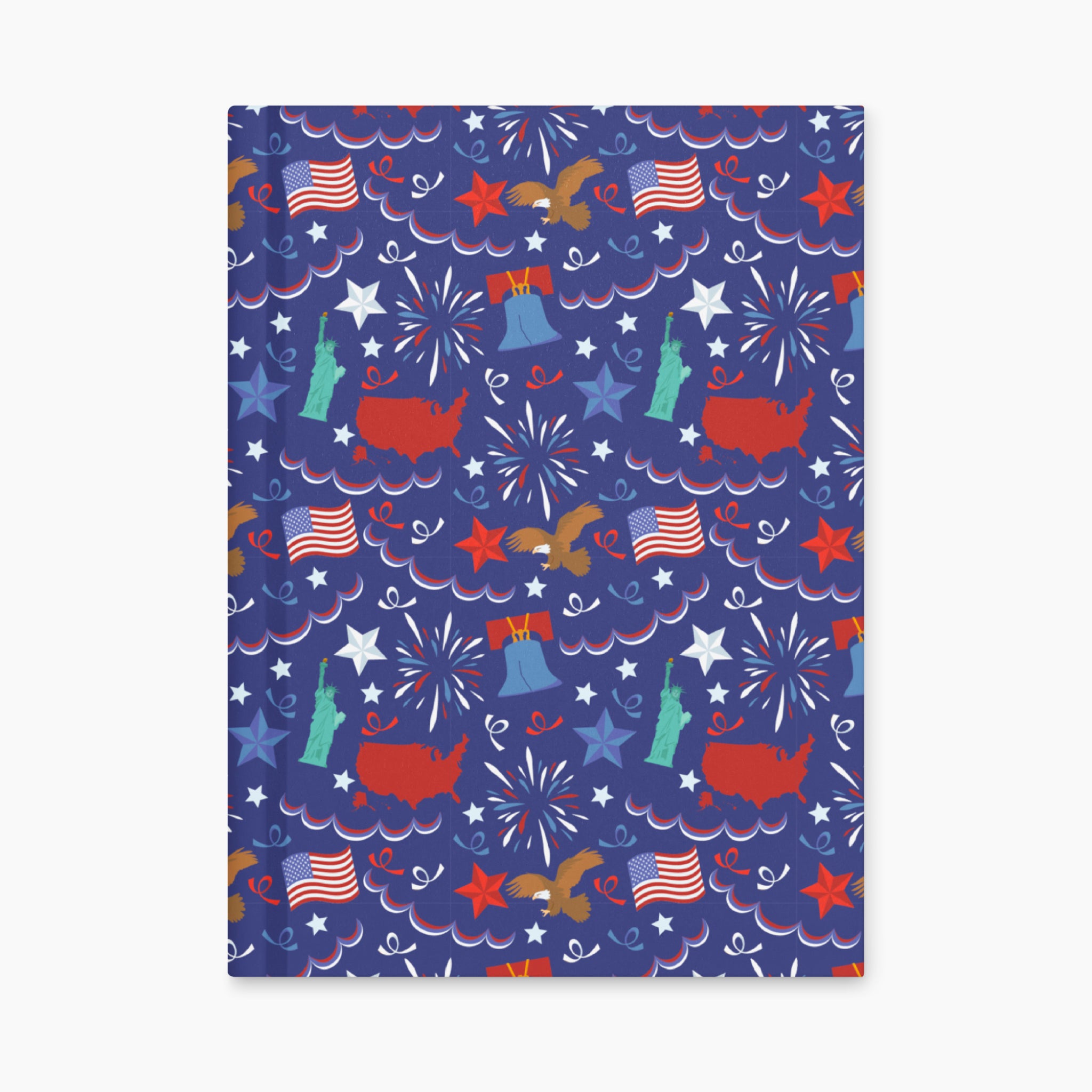 Hardcover journal with patriotic symbol patterned front cover design on a white background