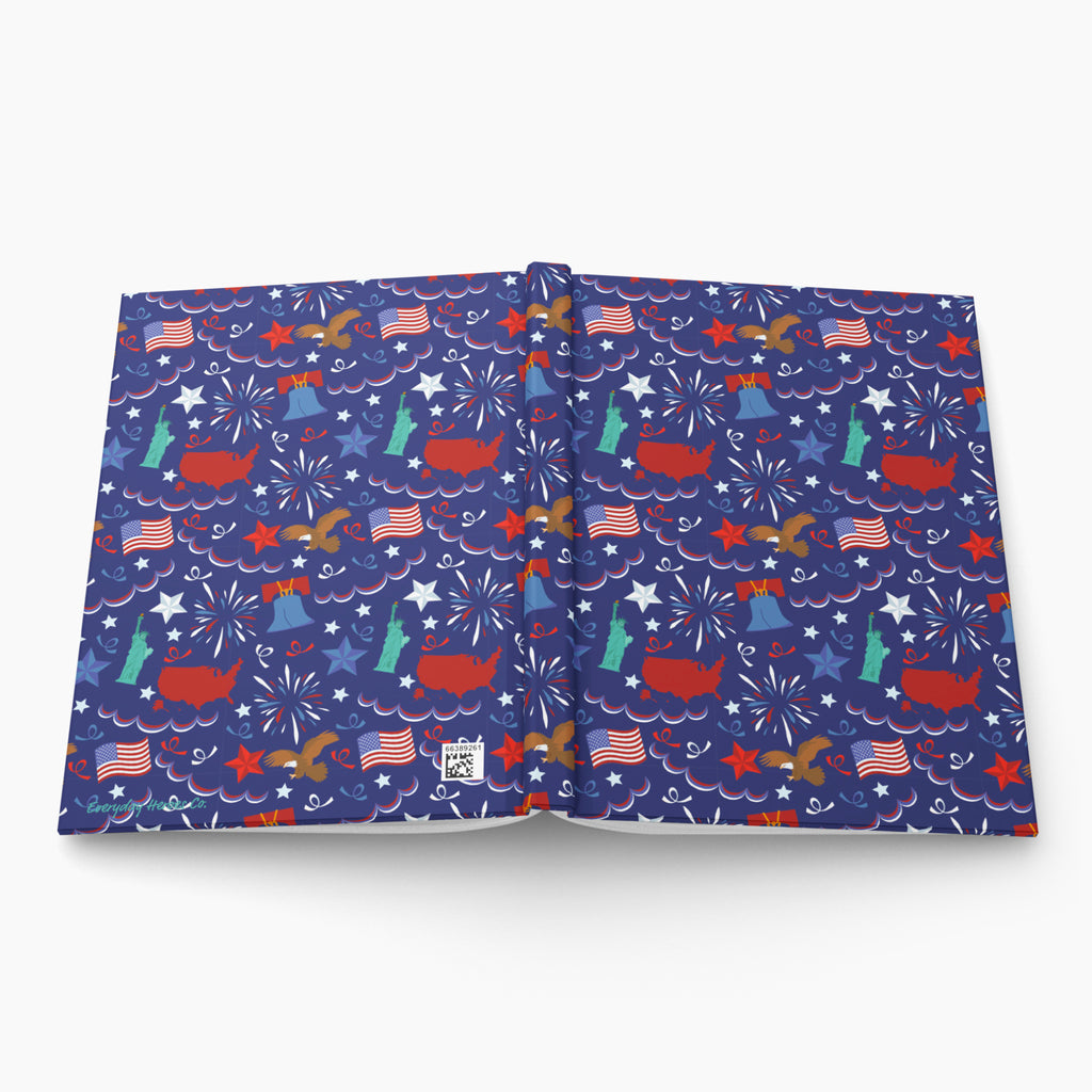 Hardcover journal with patriotic symbol patterned cover design on a white background