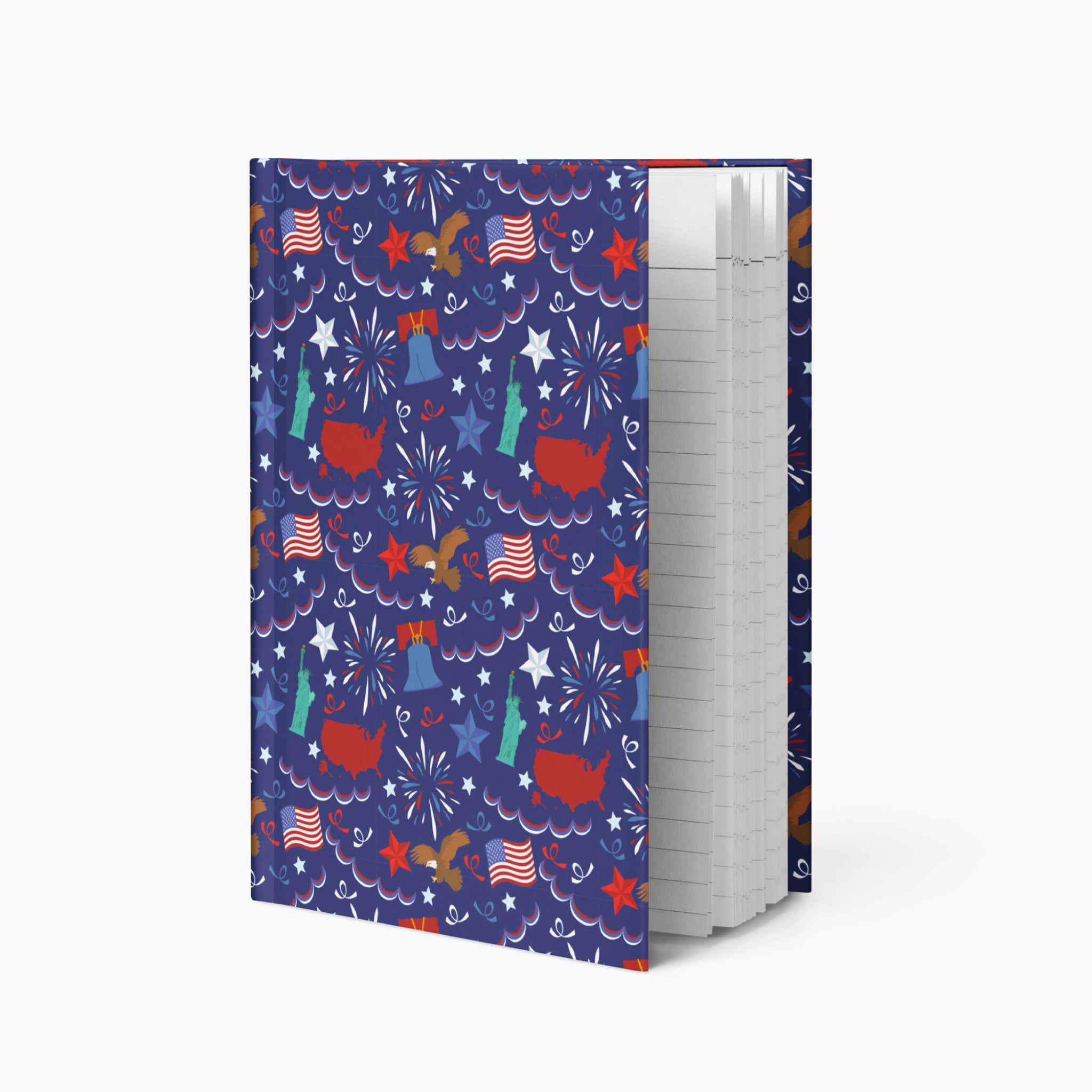 Hardcover journal with patriotic symbol patterned cover design and lined pages on a white background