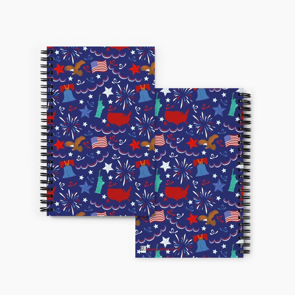 Front and Back covers of  spiral notebooks with patriotic-symbols-themed cover design on a white background