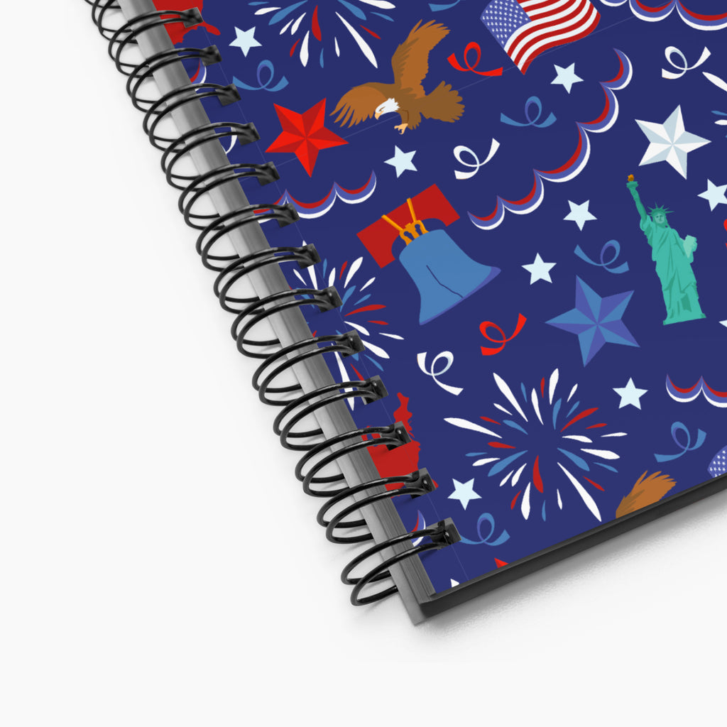 Spiral Notebook exterior, close-up with patriotic-symbol-themed pattern on a white background