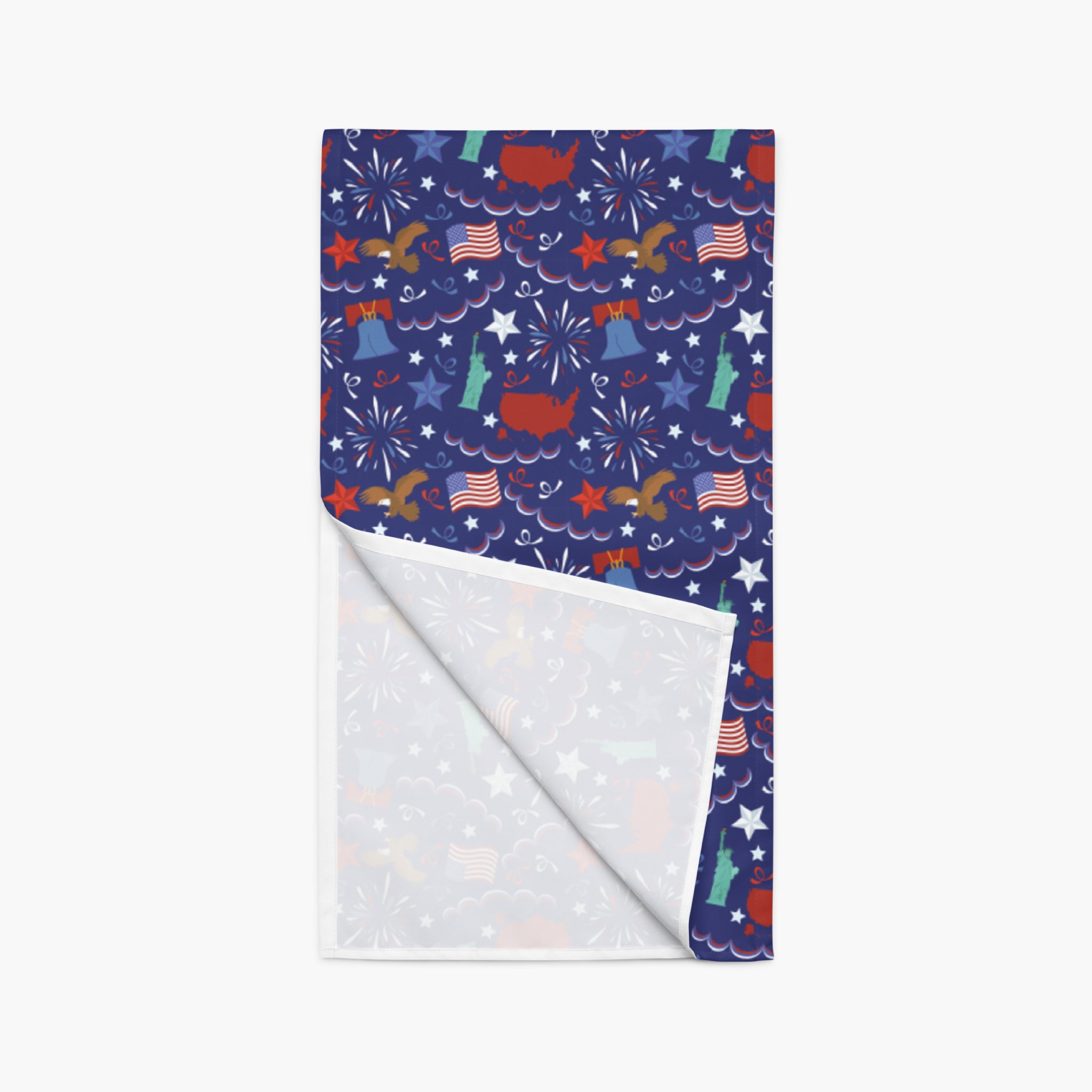 Table runner with patriotic red, white, and blue symbol pattern on a white background