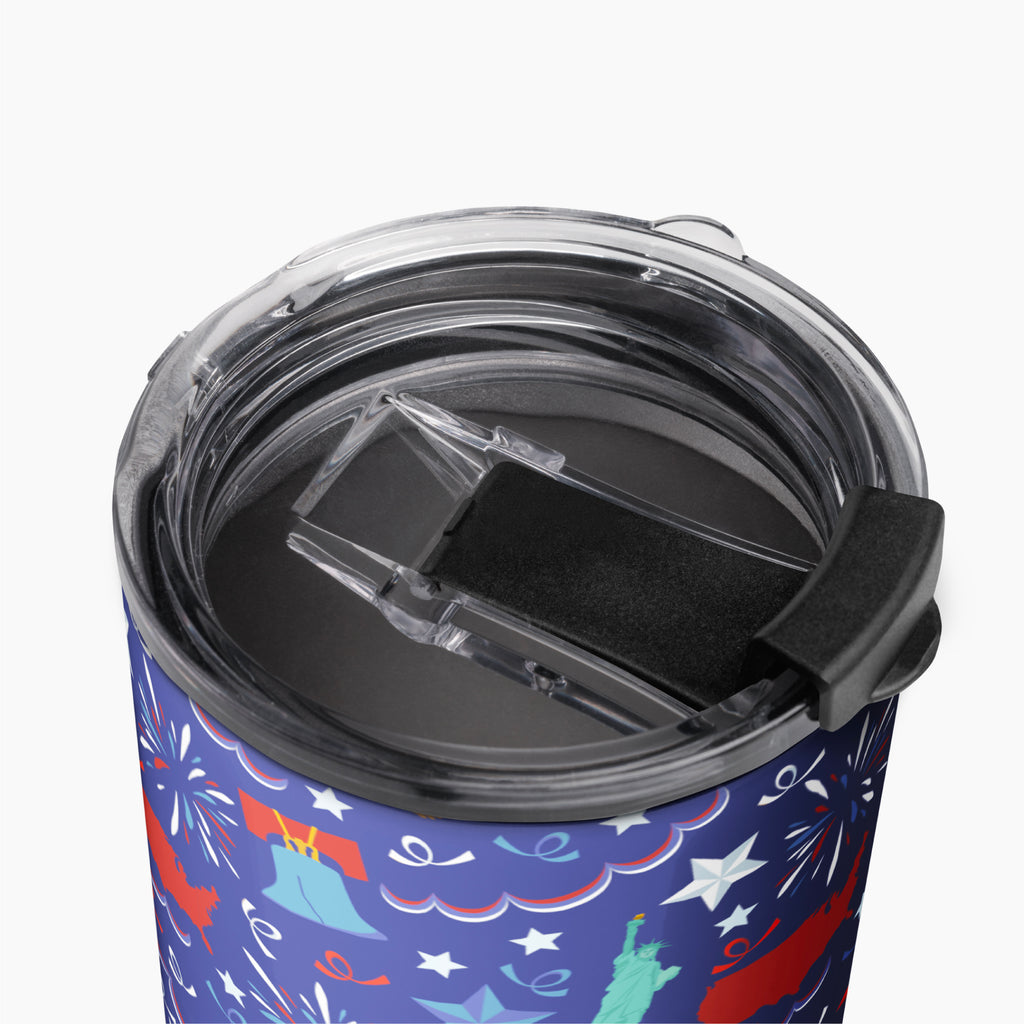 Tumbler with a blue patriotic-symbol pattern on a white background