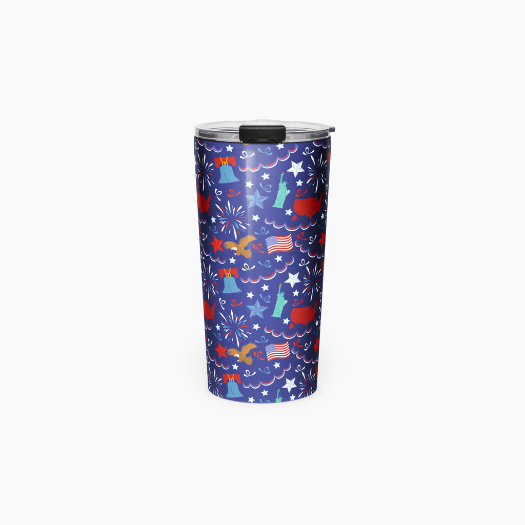 Tumbler with a blue patriotic-symbol pattern on a white background