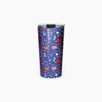 Tumbler with a blue patriotic-symbol pattern on a white background