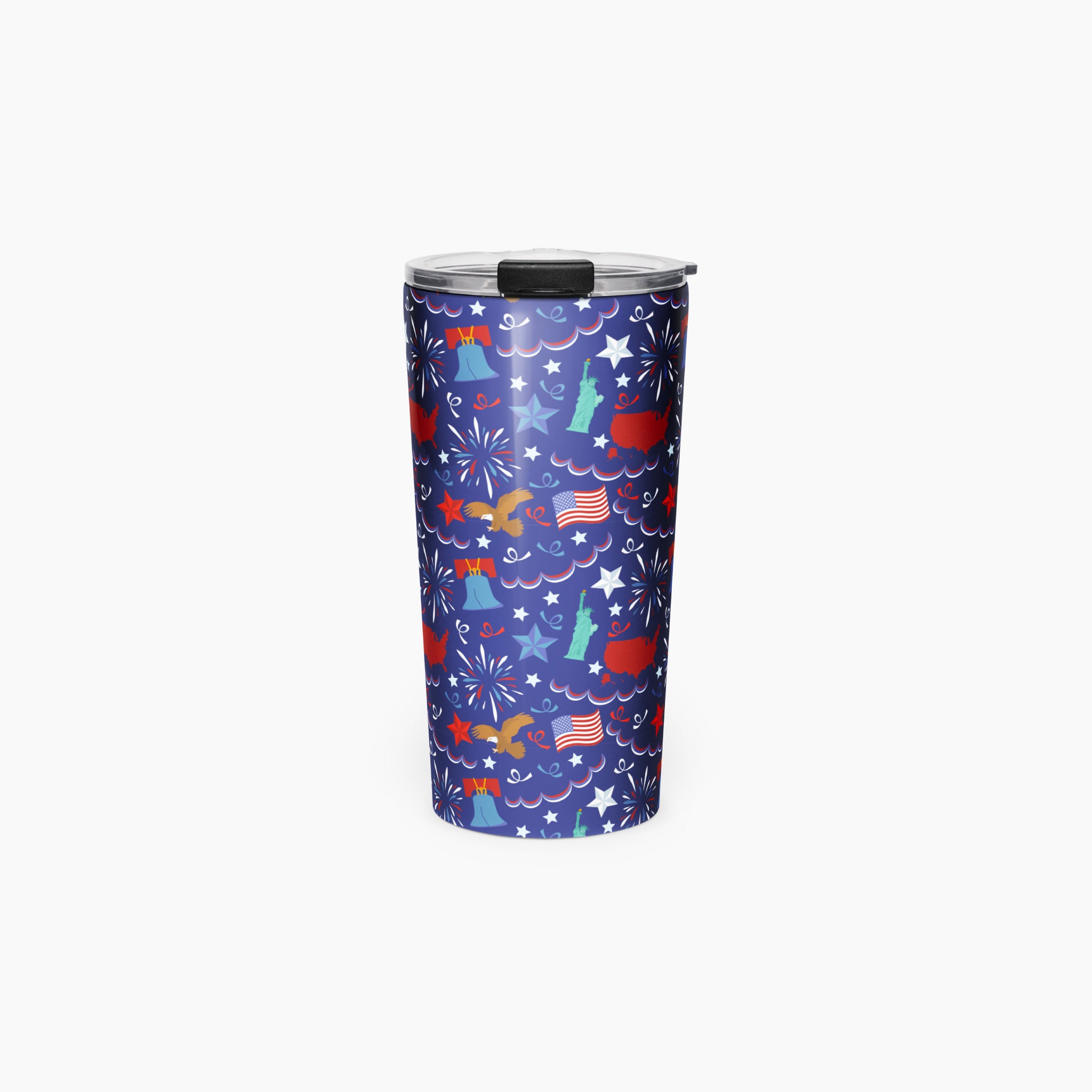 Tumbler with a blue patriotic-symbol pattern on a white background
