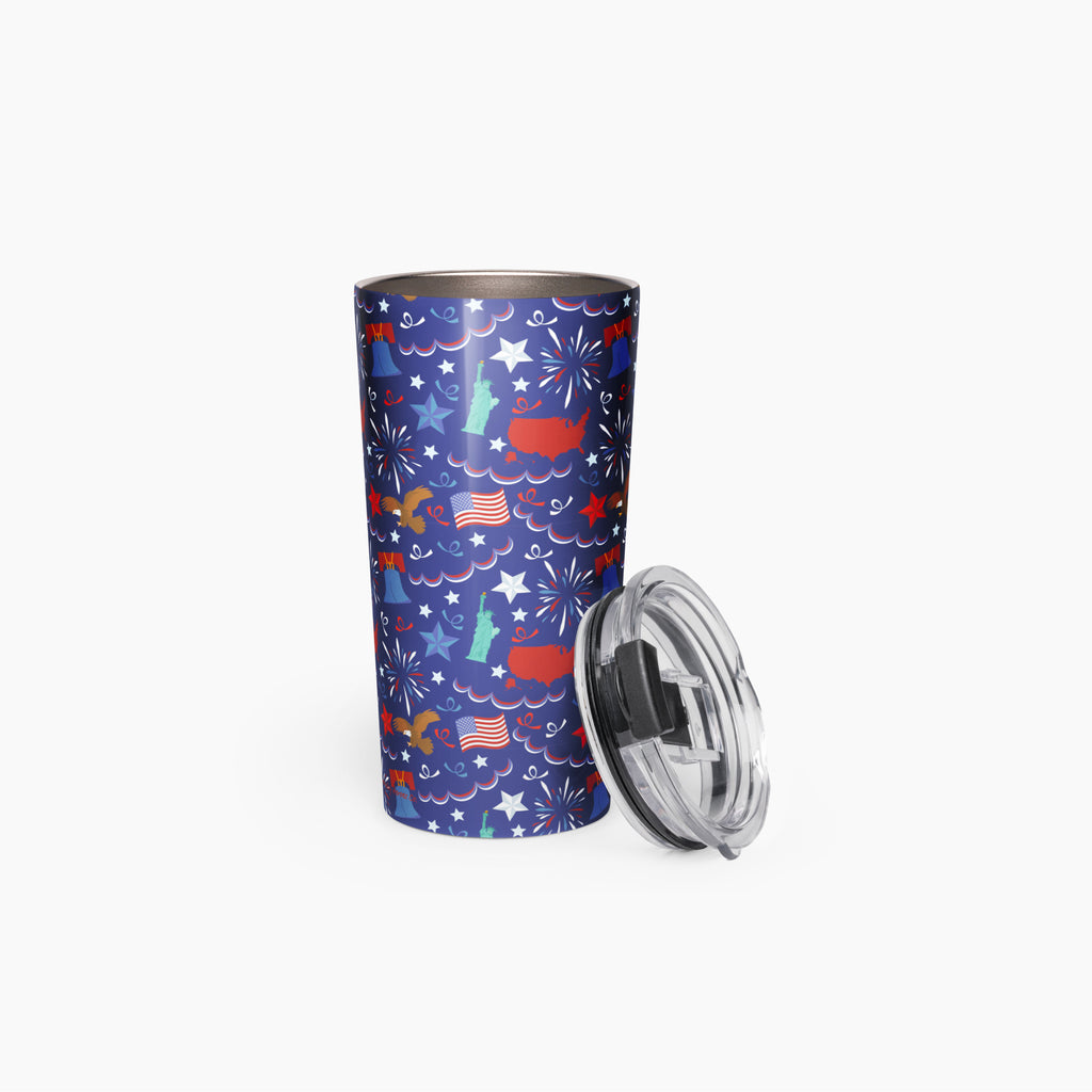 Tumbler with a blue patriotic-symbol pattern on a white background