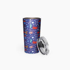 Tumbler with a blue patriotic-symbol pattern on a white background