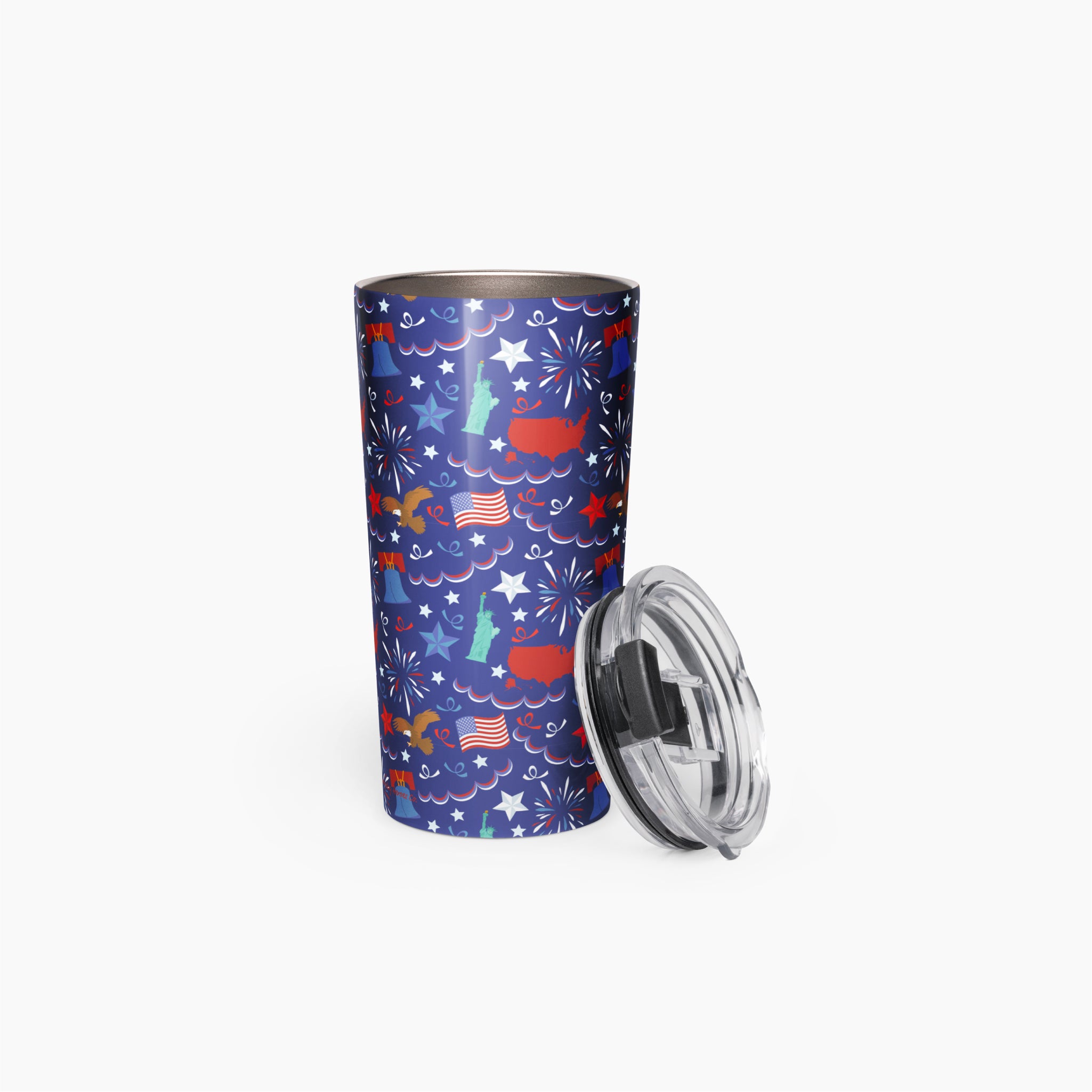 Tumbler with a blue patriotic-symbol pattern on a white background