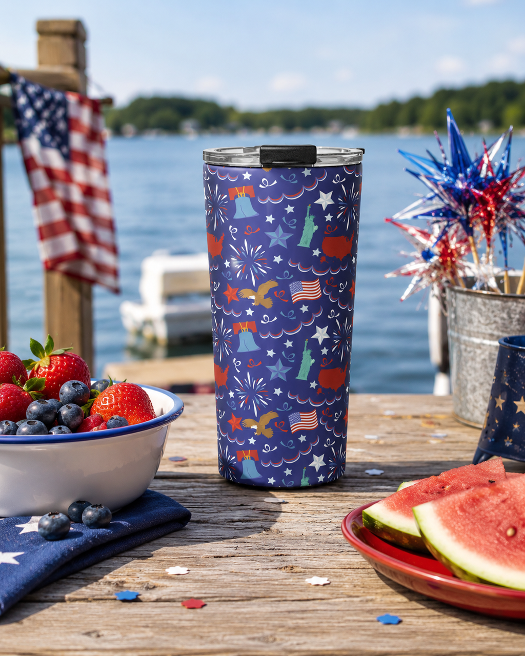 Custom printed patriotic tumbler on a wooden dock with berries, watermelon, and American flag decorations.